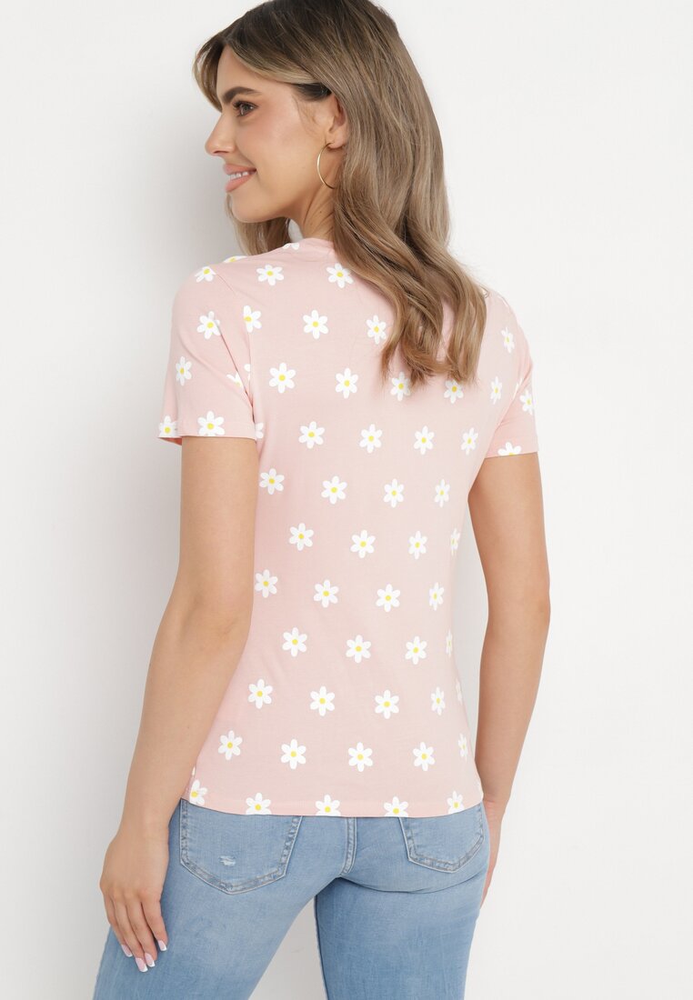 Różowy T-shirt Bawełniany  z Motywem Kwiatów Ozdobiony Cyrkoniami Atentia