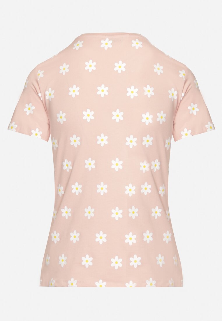 Różowy T-shirt Bawełniany  z Motywem Kwiatów Ozdobiony Cyrkoniami Atentia