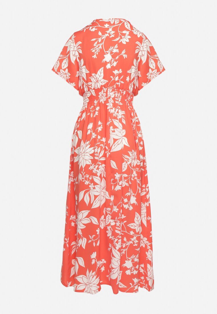 Pomarańczowo-Biała Sukienka Długa z Kopertową Górą w Kwiatowy Print Solmare