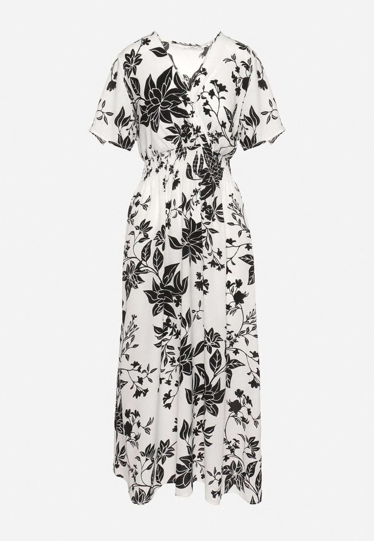 Biało-Czarna Sukienka Długa z Kopertową Górą w Kwiatowy Print Solmare