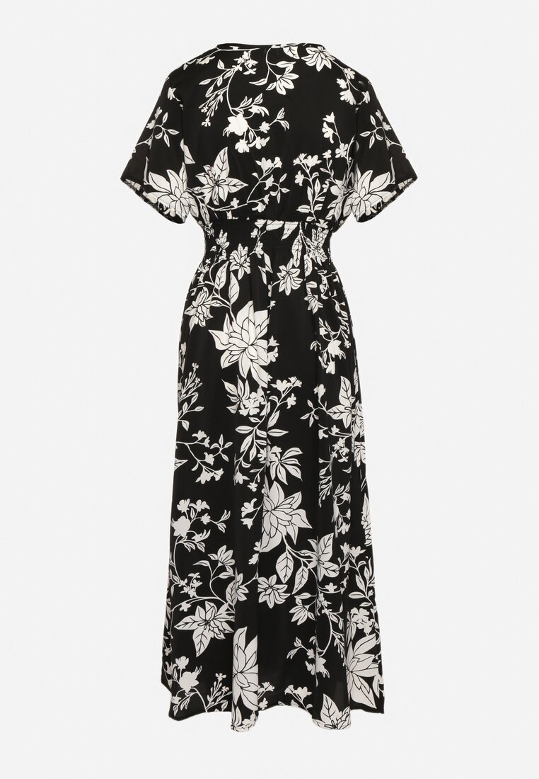 Czarno-Biała Sukienka Długa z Kopertową Górą w Kwiatowy Print Solmare