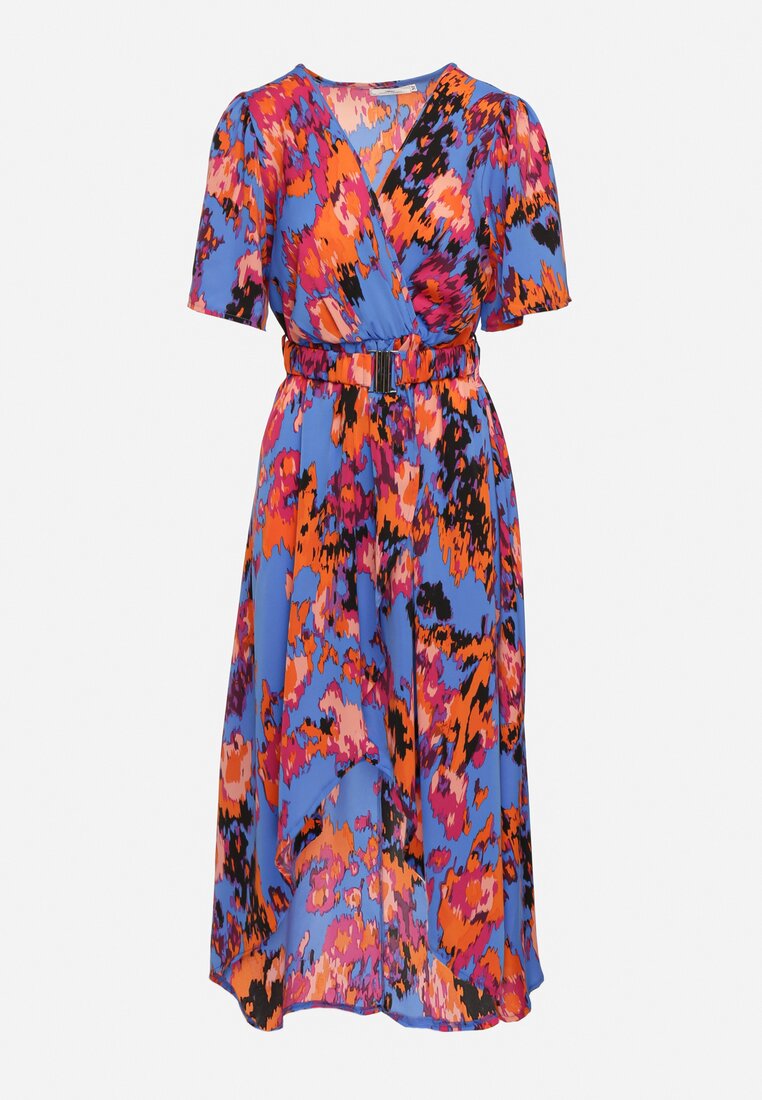 Niebiesko-Pomarańczowa Sukienka z Kopertowym Dekoltem i Asymetrycznym Dołem z Gumką w Talii Coralen