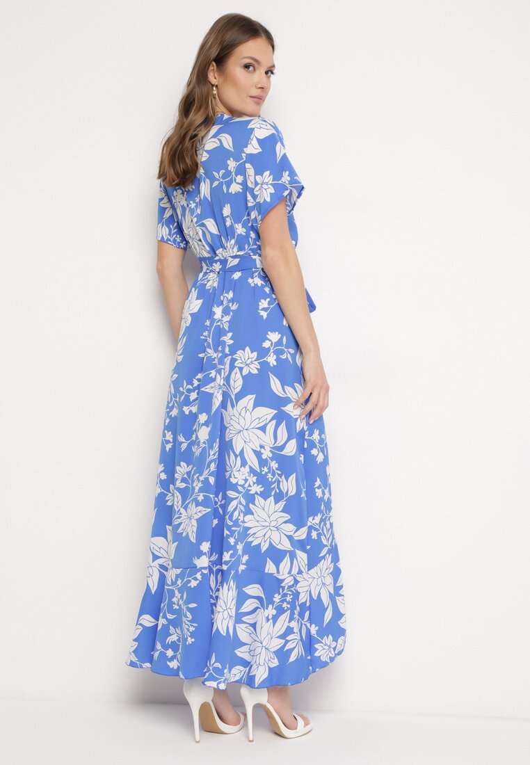 Niebieska Rozkloszowana Sukienka Kopertowa z Gumką i Paskiem w Talii w Kwiaty Thoaila