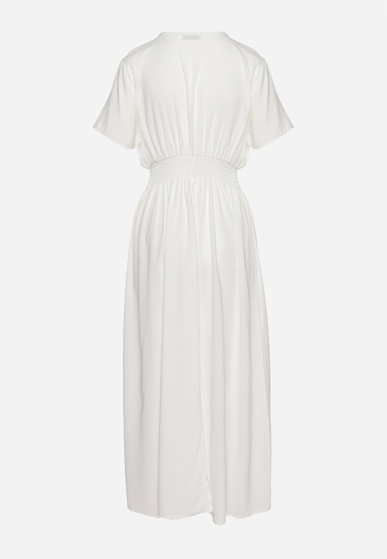 Biała Sukienka Długa o Rozkloszowanym Fasonie z Kopertowym Dekoltem Saliusa