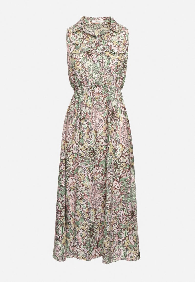 Różowo-Zielona Rozkloszowana Sukienka w Kwiaty bez Rękawów Syloria