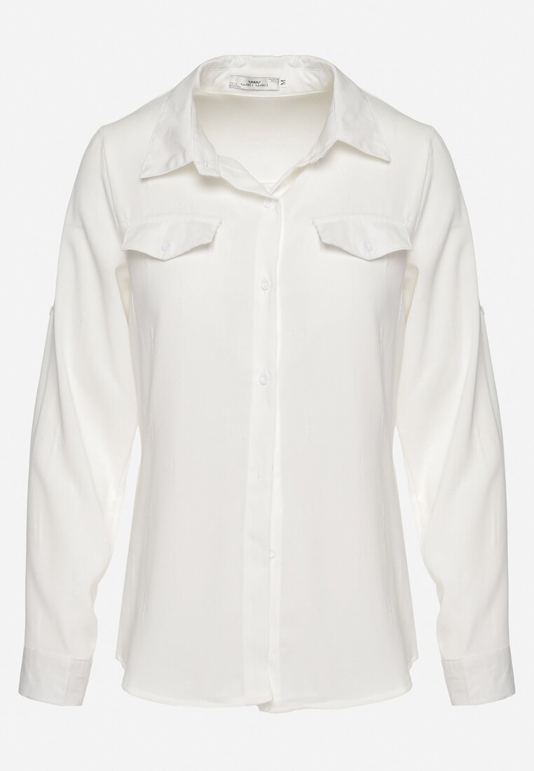 Biała Klasyczna Koszula z Imitacją Kieszeni i Ozdobnymi Tłoczeniami Lallama