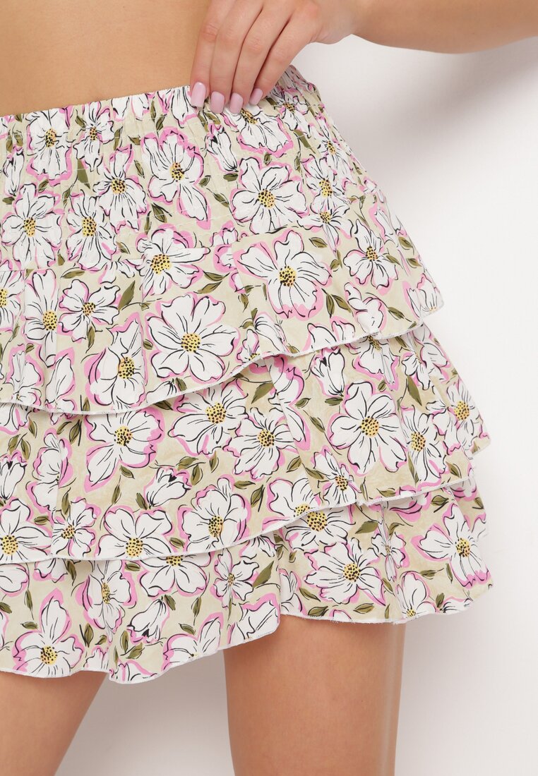 Beżowa Spódnica Mini Ozdobiona Falbankami i Kwiatowym Wzorem Persava