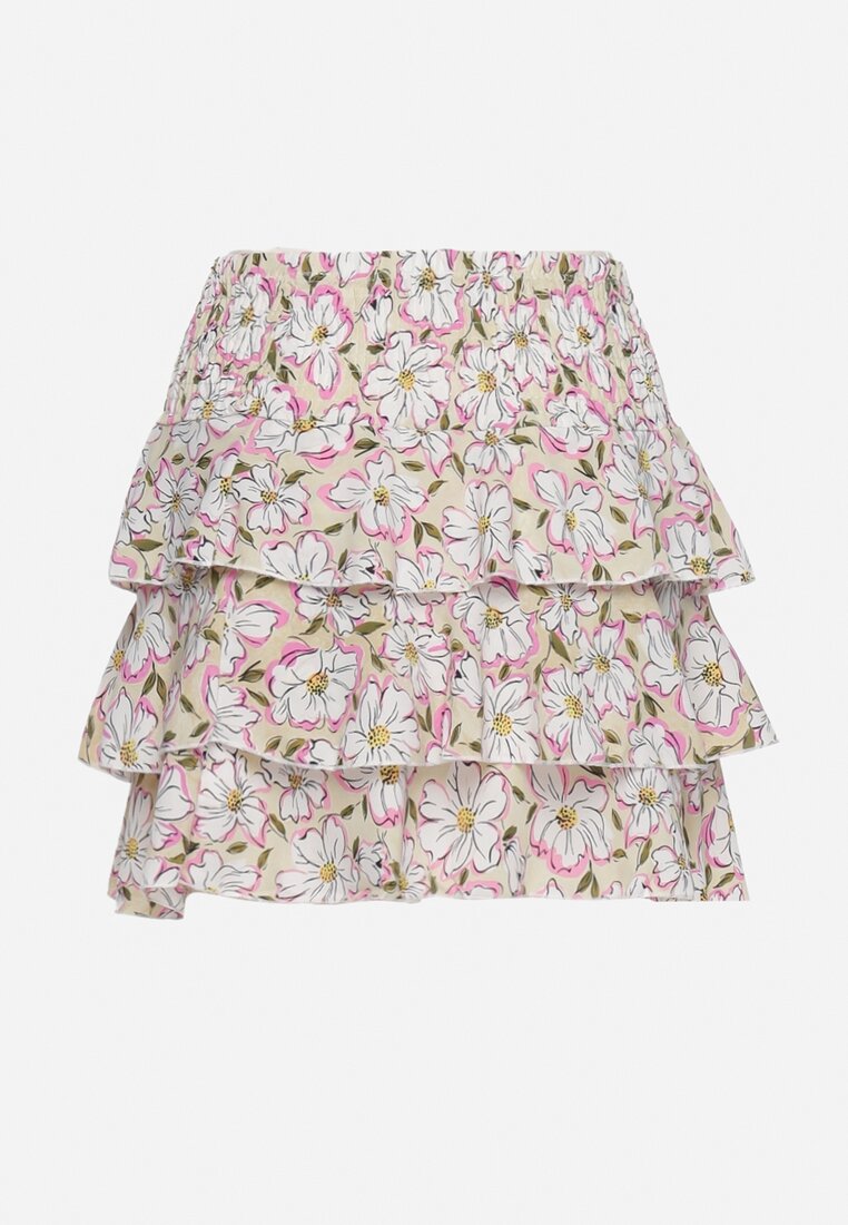 Beżowa Spódnica Mini Ozdobiona Falbankami i Kwiatowym Wzorem Persava