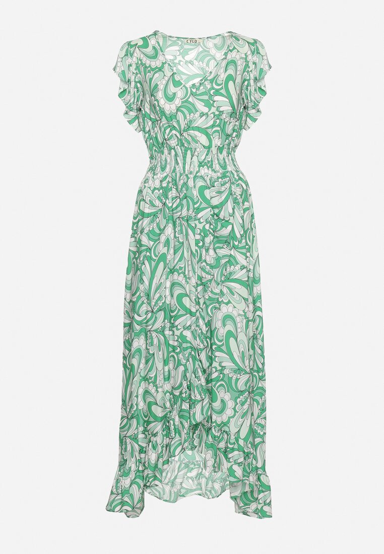 Zielona Asymetryczna Sukienka z Gumką w Pasie z Falbankami z Wiskozy Venimra