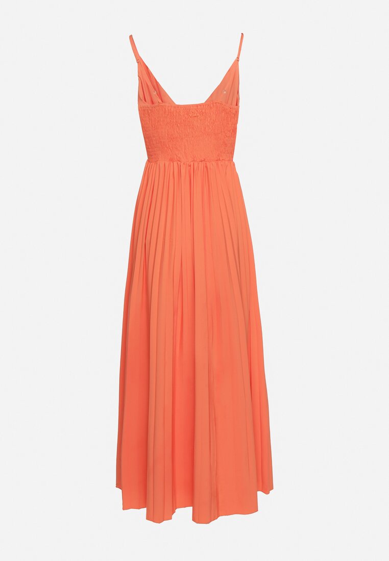 Pomarańczowa Rozkloszowana Sukienka Długa z Kopertowym Dekoltem na Ramiączkach Asmerria