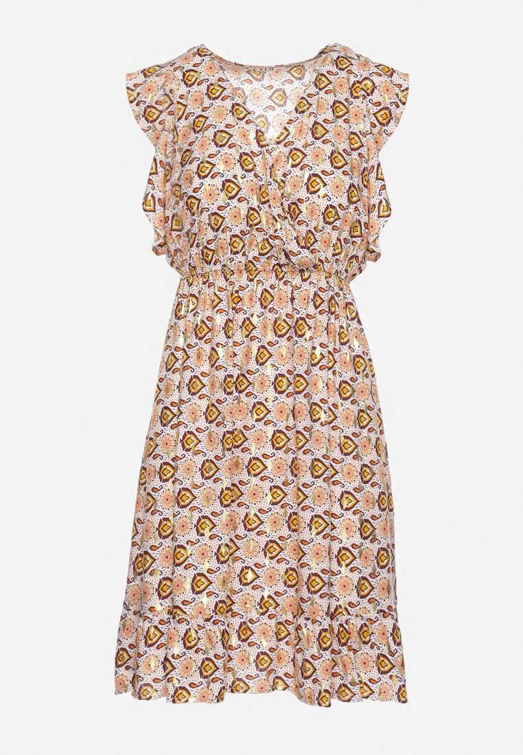 Brązowo-Beżowa Sukienka Mini z Wiskozy w Mozaikowy Wzór z Gumką w Pasie Lariaa