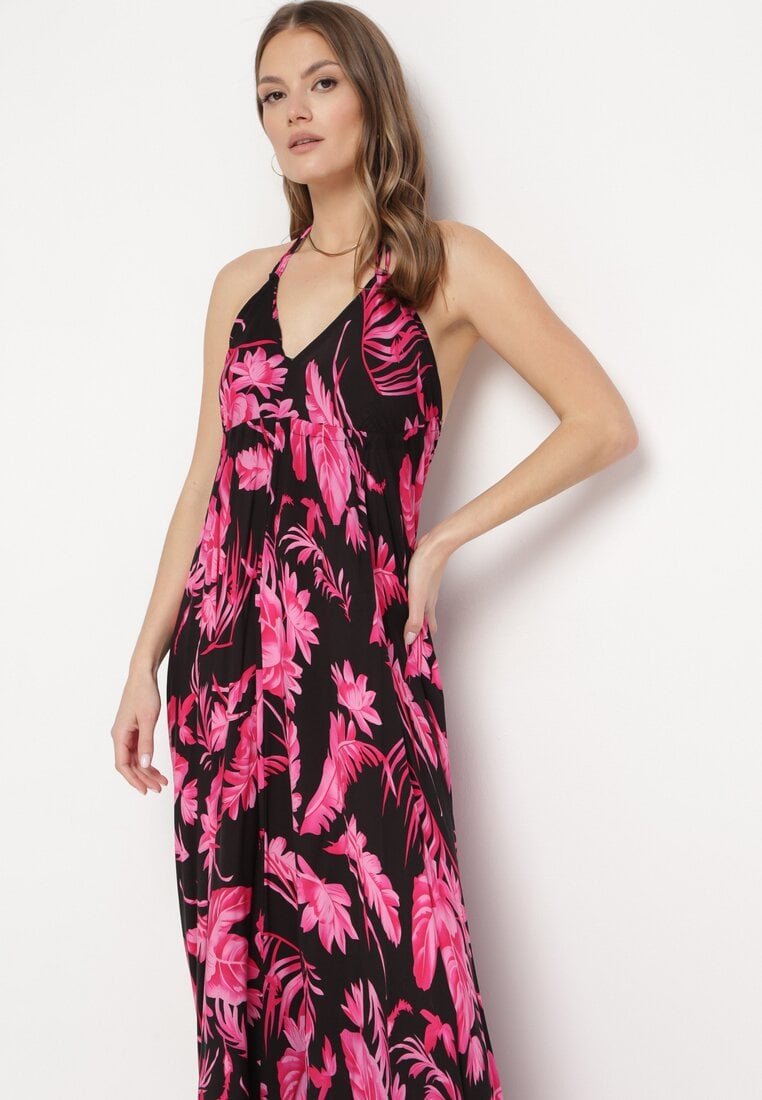 Czarno-Różowa Letnia Sukienka Maxi w Kwiatowy Wzór o Rozkloszowanym Dole z Wiskozy Heviana