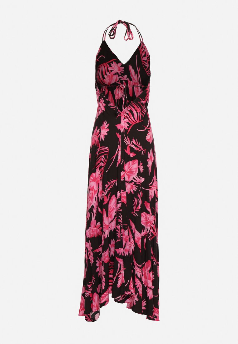 Czarno-Różowa Letnia Sukienka Maxi w Kwiatowy Wzór o Rozkloszowanym Dole z Wiskozy Heviana