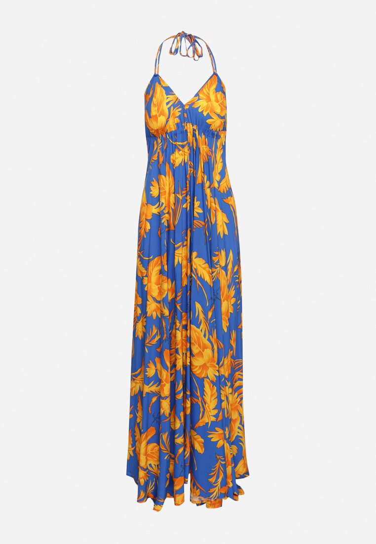 Niebieska Letnia Sukienka Maxi w Kwiatowy Wzór o Rozkloszowanym Dole z Wiskozy Heviana