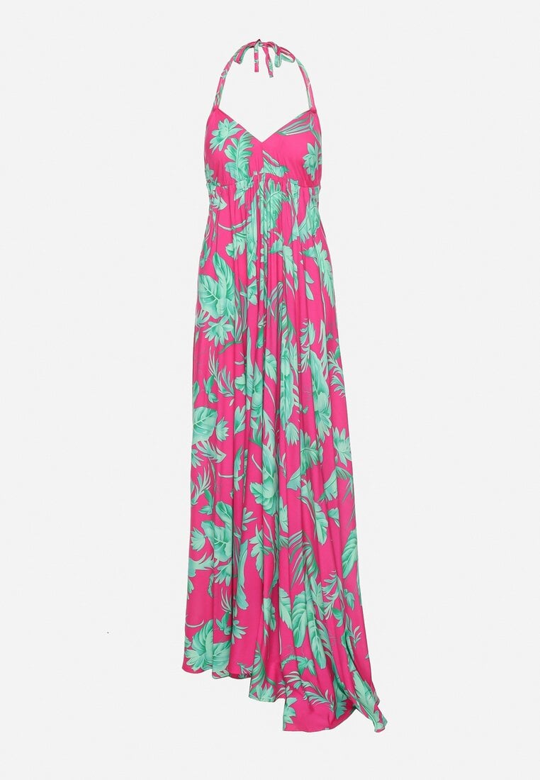 Fuksjowa Letnia Sukienka Maxi w Kwiatowy Wzór o Rozkloszowanym Dole z Wiskozy Heviana