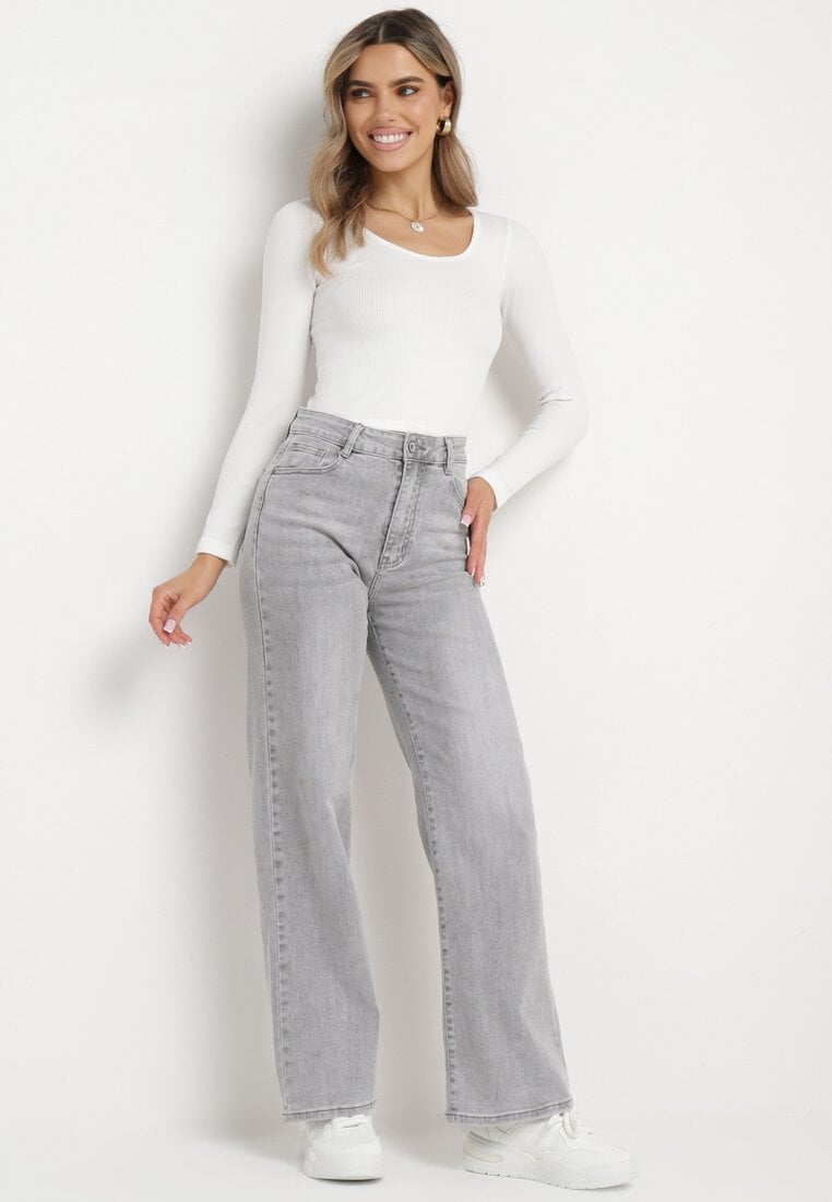 Jasnoszare Jeansy Szerokie z Bawełny z Wyższym Stanem Adrinca