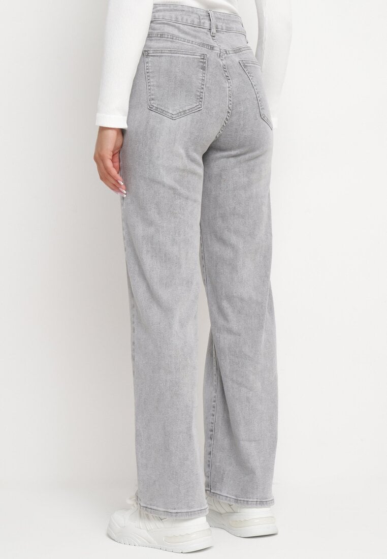 Jasnoszare Jeansy Szerokie z Bawełny z Wyższym Stanem Adrinca