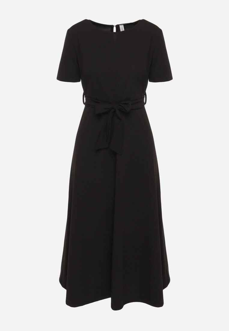 Czarna Rozkloszowana Sukienka Midi z Materiałowym Paskiem Marjoni