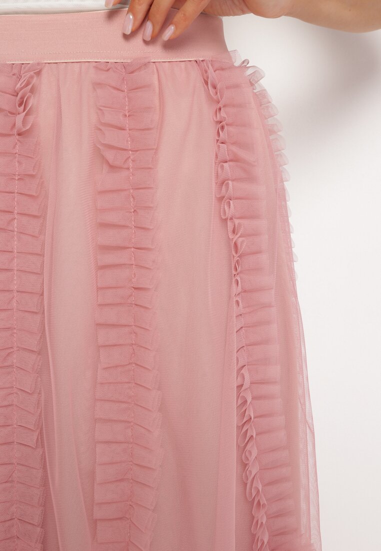 Różowa Rozkloszowana Spódnica z Transparentnej Tkaniny Ozdobiona Falbanką Ninafri