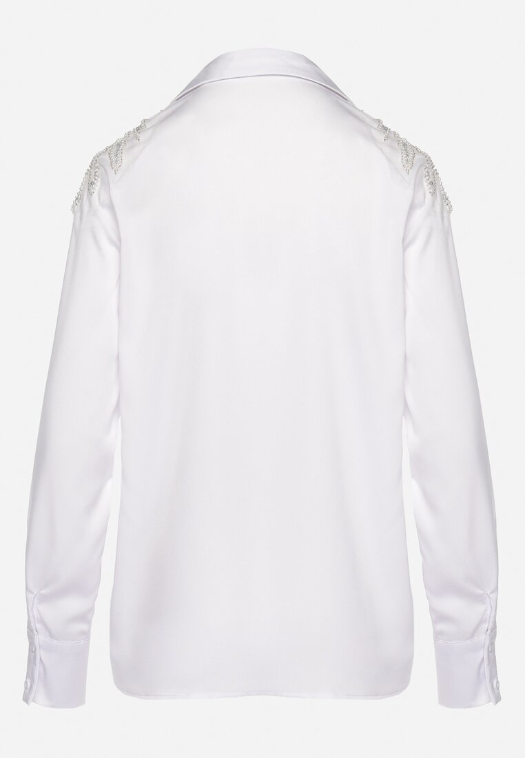 Biała Koszula o Klasycznym Fasonie z Naszywkami i Cekinami Akrasia