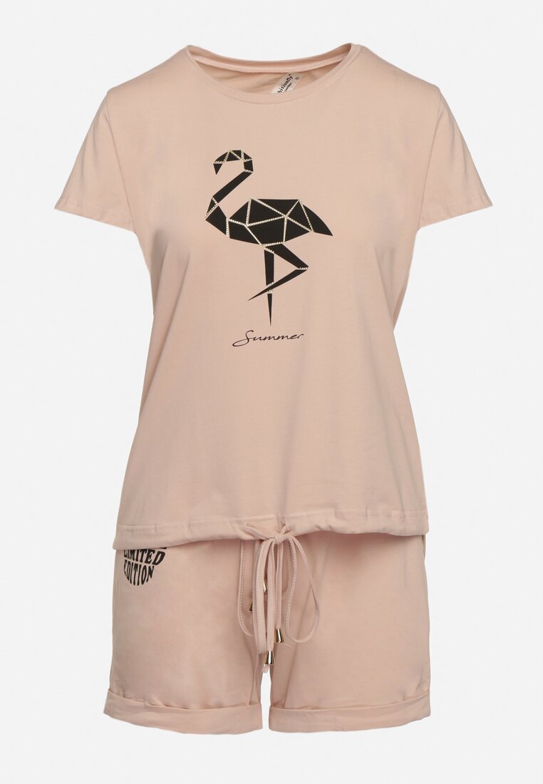 Różowy Bawełniany Komplet na Lato T-shirt i Szorty z Nadrukiem Emorals