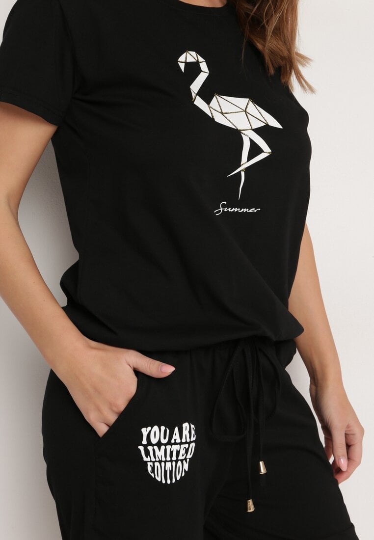 Czarny Bawełniany Komplet na Lato T-shirt i Szorty z Nadrukiem Emorals