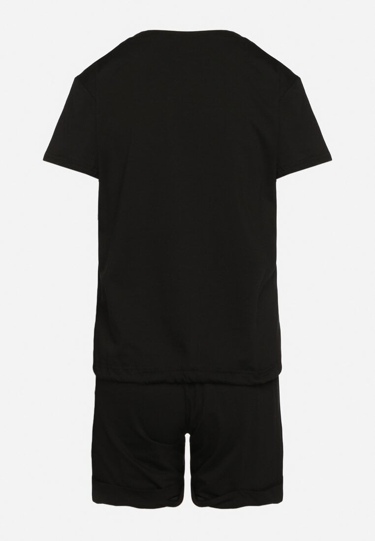Czarny Bawełniany Komplet na Lato T-shirt i Szorty z Nadrukiem Emorals