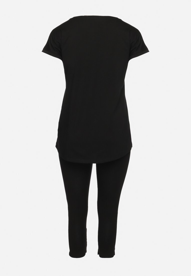 Czarny Bawełniany Komplet w Sportowo-Casualowy Legginsy T-shirt z Nadrukiem Celka
