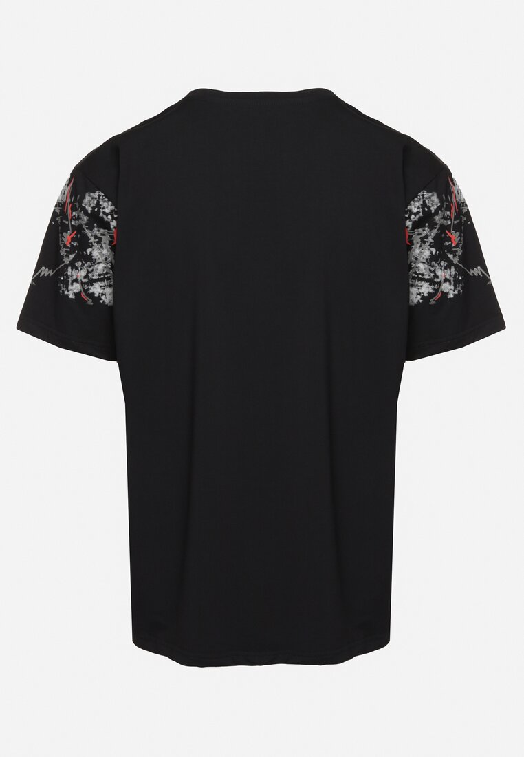 Czarna Koszulka Bawełniana T-shirt z Ozdobnym Nadrukiem Dereme