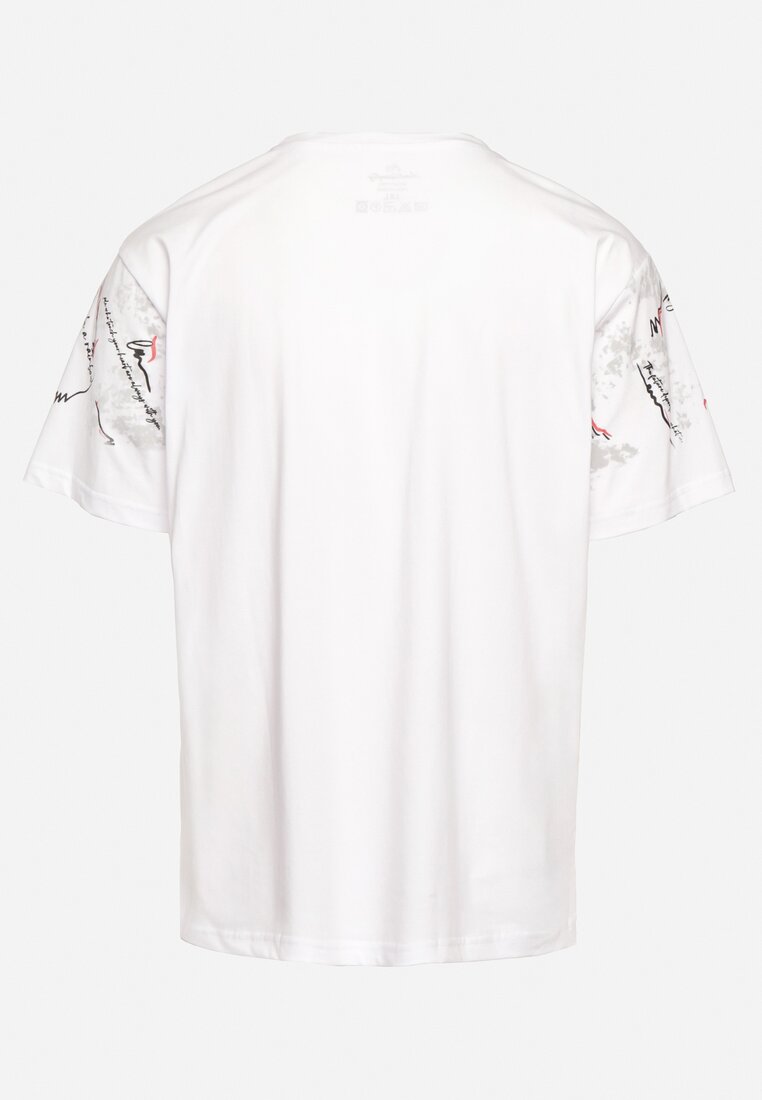 Biała Koszulka Bawełniana T-shirt z Ozdobnym Nadrukiem Dereme