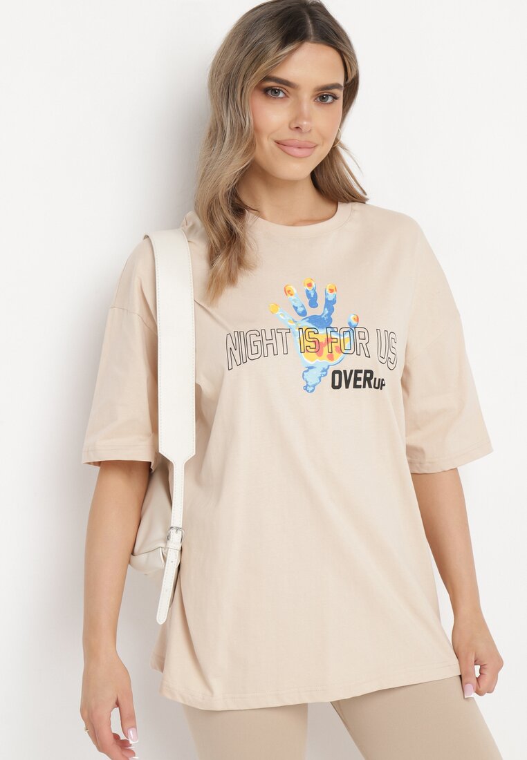Beżowy T-shirt z Nadrukiem z Przodu i na Plecach z Bawełny Darca