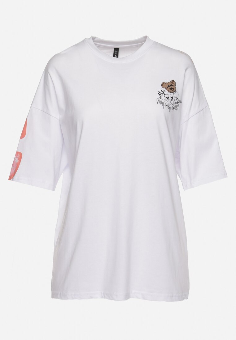 Biały Bawełniany T-shirt o Fasonie Oversize z Nadrukiem Misia Nellene