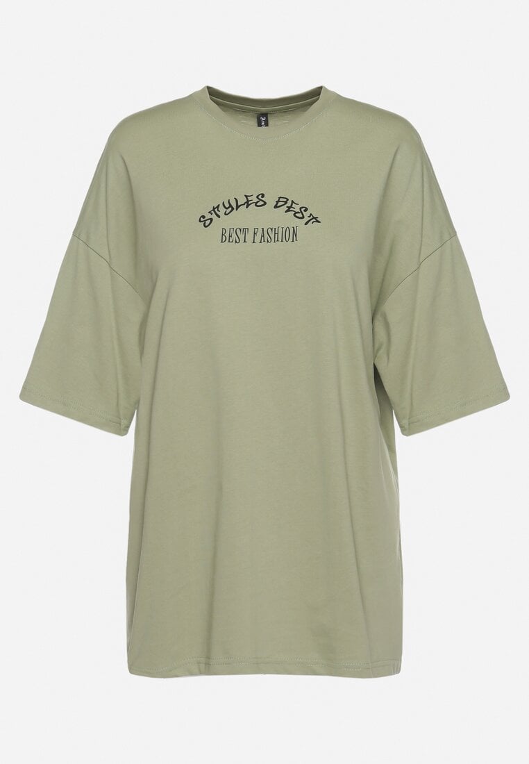 Jasnozielony T-shirt Oversize z Bawełny z Dużym Nadrukiem Kestrella