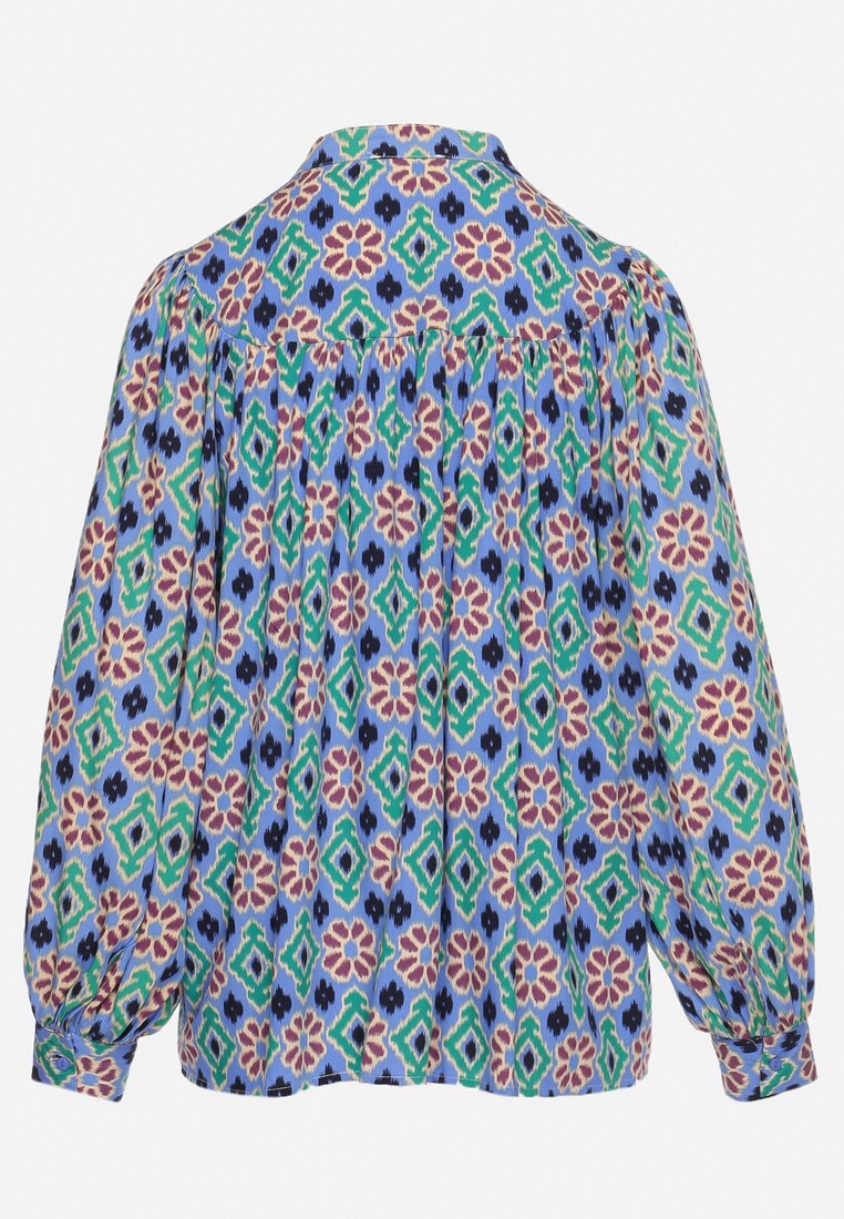 Niebiesko-Granatowa Koszula z Wiskozy w Mozaikowy Wzór z Bufiastymi Rękawami Tlaria