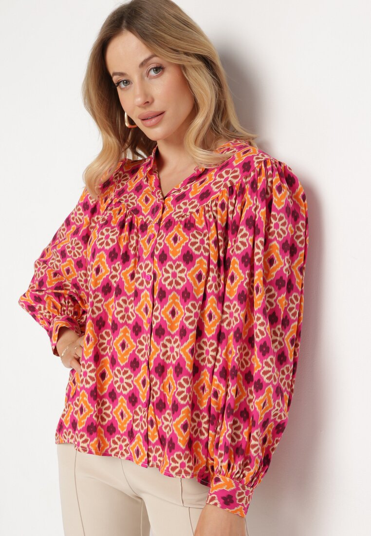 Fuksjowo-Pomarańczowa Koszula z Wiskozy w Mozaikowy Wzór z Bufiastymi Rękawami Tlaria
