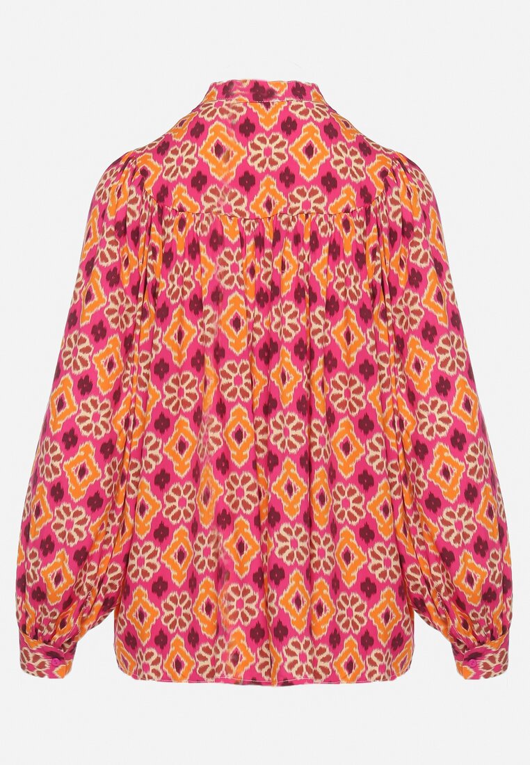 Fuksjowo-Pomarańczowa Koszula z Wiskozy w Mozaikowy Wzór z Bufiastymi Rękawami Tlaria
