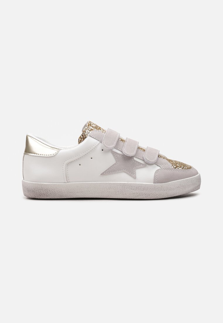 Złoto-Białe Sneakersy na Rzepy ze Zdobieniami z Brokatu Mappe