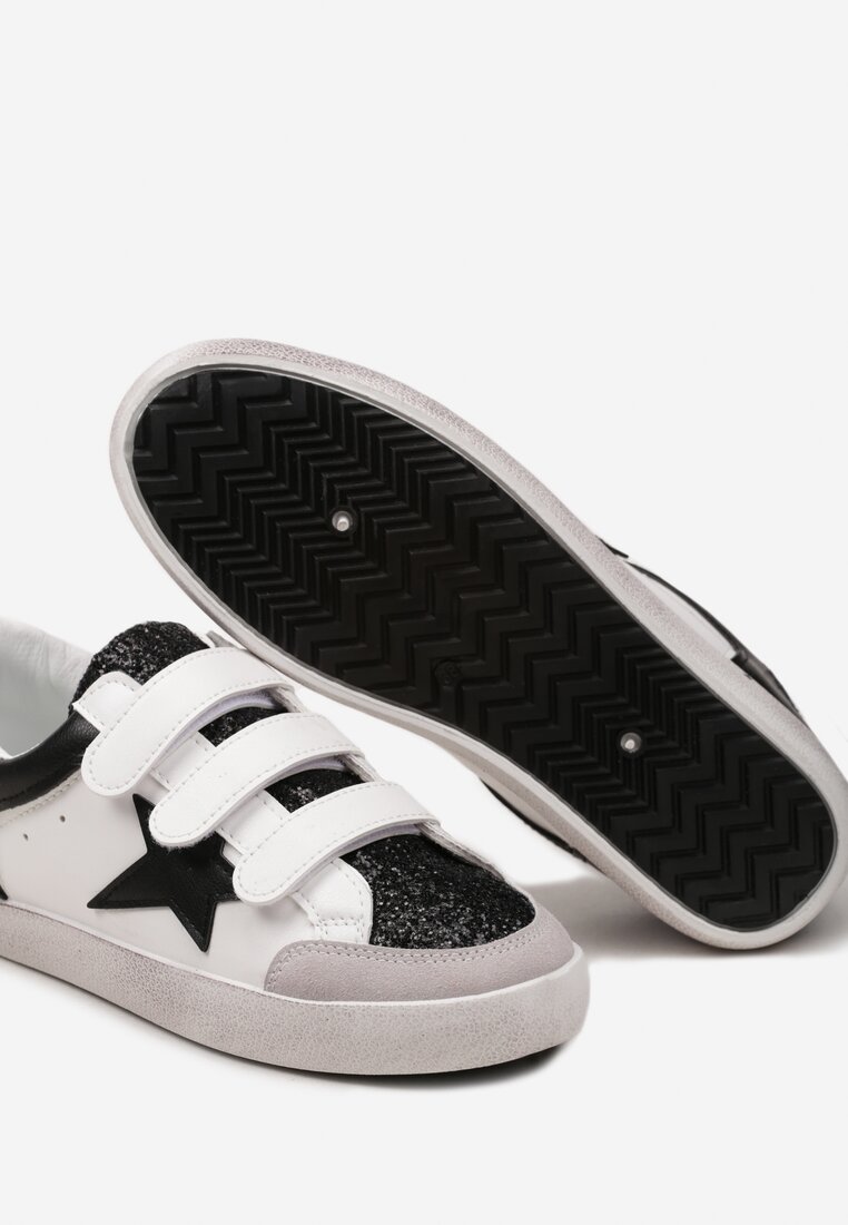 Czarno-Białe Sneakersy na Rzepy ze Zdobieniami z Brokatu Mappe