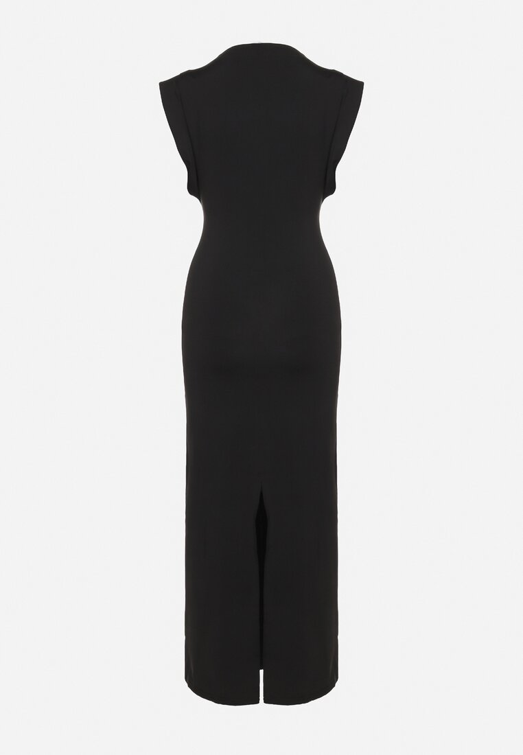 Czarna Dopasowana Sukienka Maxi z Podkreślonymi Ramionami i Rozcięciami Sancja