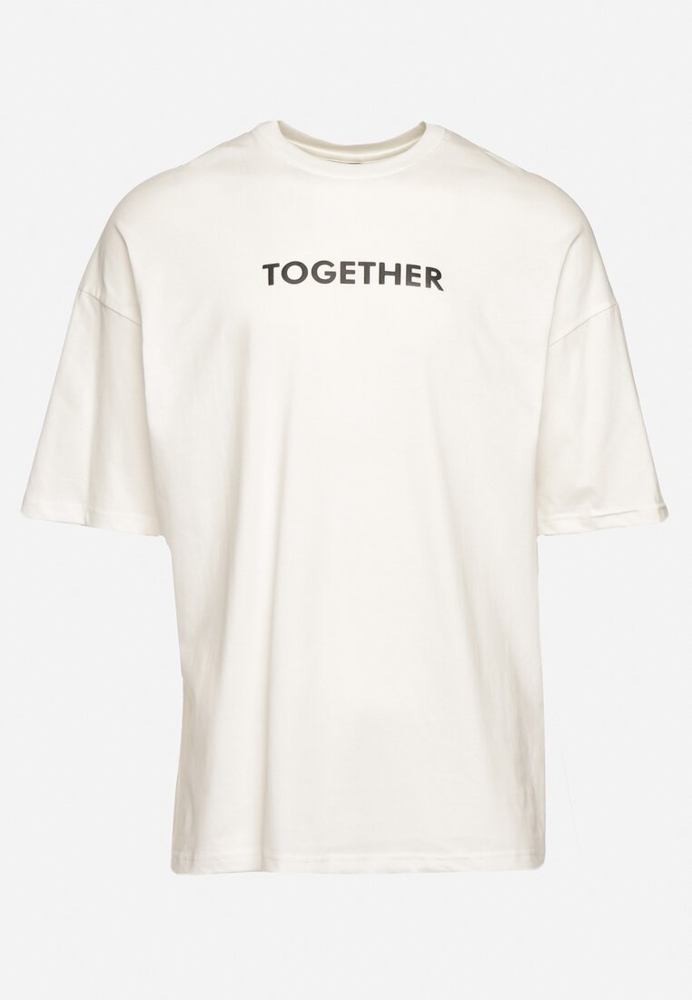 Biała Koszulka T-shirt z Ozdobnym Napisem z Elastycznej Bawełny Piselena