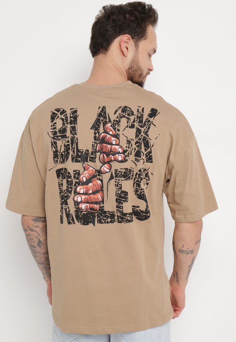 Ciemnobeżowa Bawełniana Koszulka T-shirt z Nadrukiem po Obu Stronach Daven