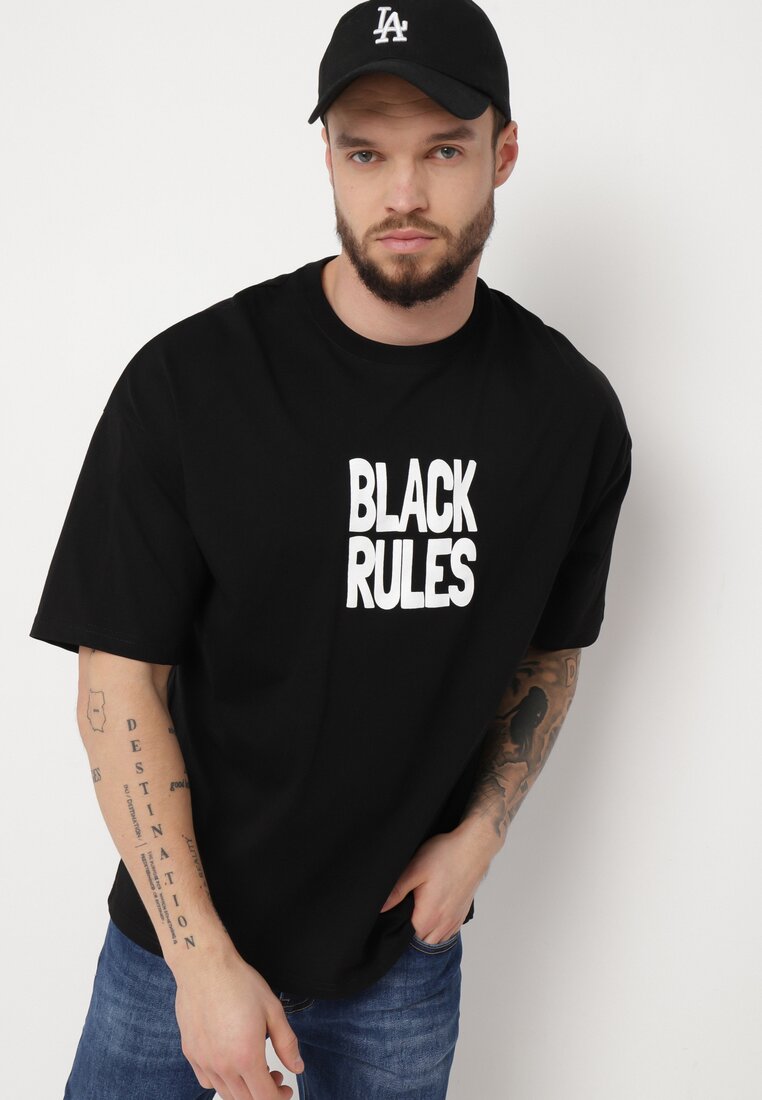 Czarna Bawełniana Koszulka T-shirt z Nadrukiem po Obu Stronach Daven