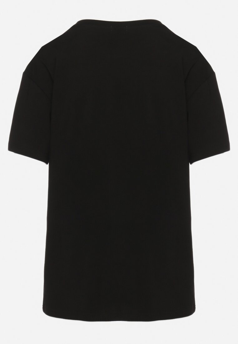 Czarny T-shirt Bawełniany z Ozdobnym Nadrukiem na Przodzie Sagraine