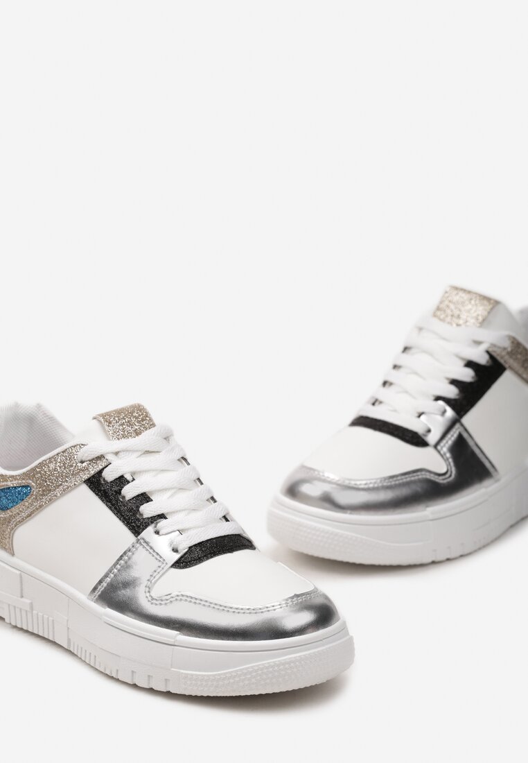 Biało-Różowe Sneakersy na Grubej Podeszwie ze Wstawkami z Brokatu Bizzala