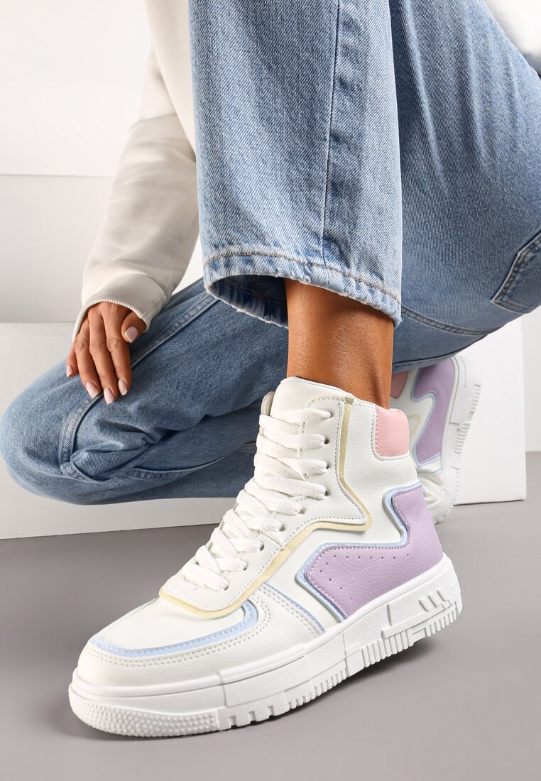 Biało-Fioletowe Sneakersy Sznurowane z Cholewką za Kostkę Targia