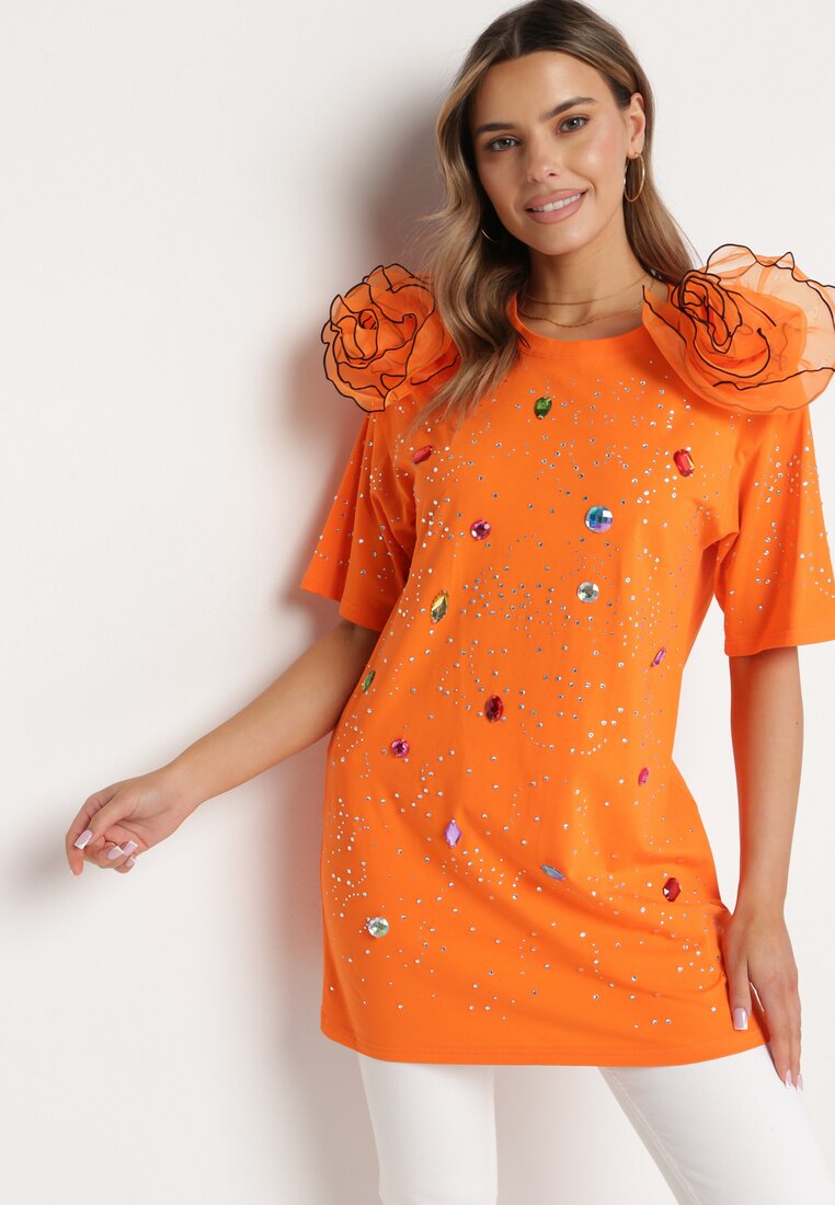 Pomarańczowa Bluzka z Bawełny Ozdobiona Kwiatami Cyrkoniami i Kryształkami Leonea