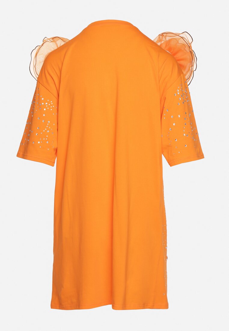 Pomarańczowa Bluzka z Bawełny Ozdobiona Kwiatami Cyrkoniami i Kryształkami Leonea