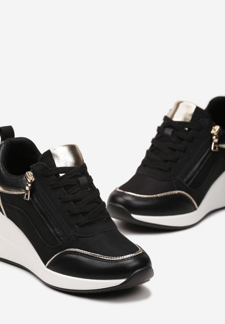 Czarne Sneakersy na Koturnie z Ozdobnym Suwakiem i Metalicznymi Wstawkami Univia