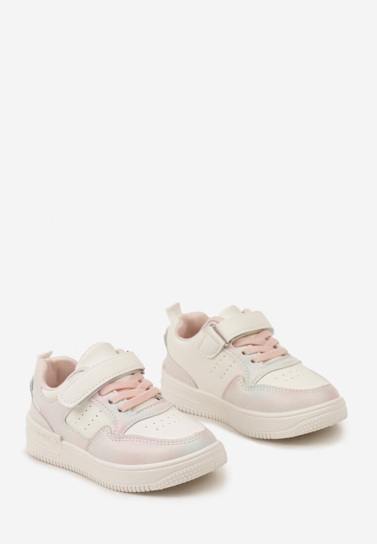 Biało-Różowe Buty Sportowe Sneakersy z Rzepem i Drobną Perforacją Drimrose
