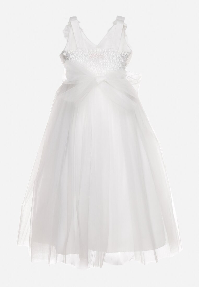 Biała Rozkloszowana Sukienka Tiulowa Zdobiona Kwiatami 3D Vitra